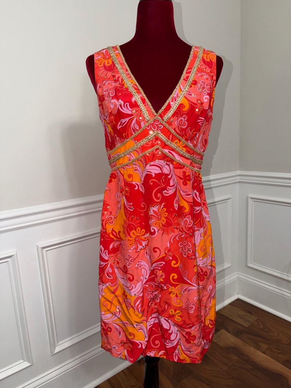 Muse Floral Beaded Empire Waist Cocktail Dress Red Pink Orange Size 6 Retro Boho